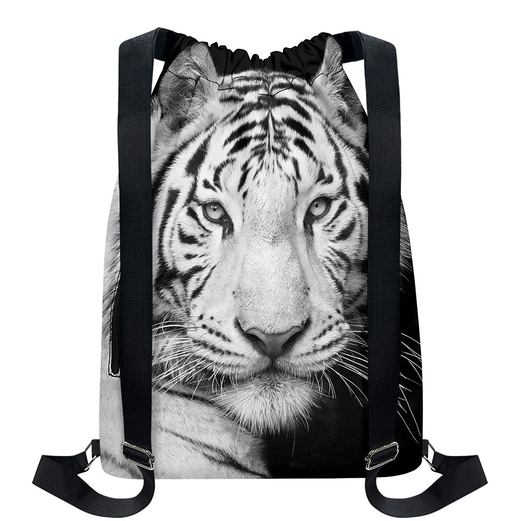 Monochrome White Bengal Tiger Print Drawstring Backpack