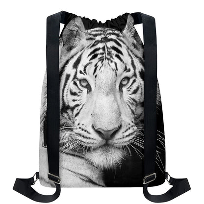Monochrome White Bengal Tiger Print Drawstring Backpack