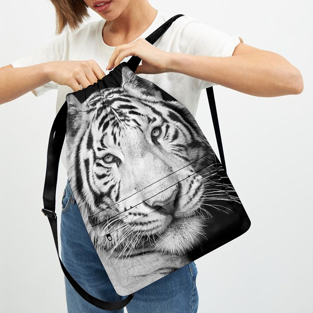 Monochrome White Bengal Tiger Print Drawstring Backpack