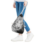 Monochrome White Bengal Tiger Print Drawstring Bag