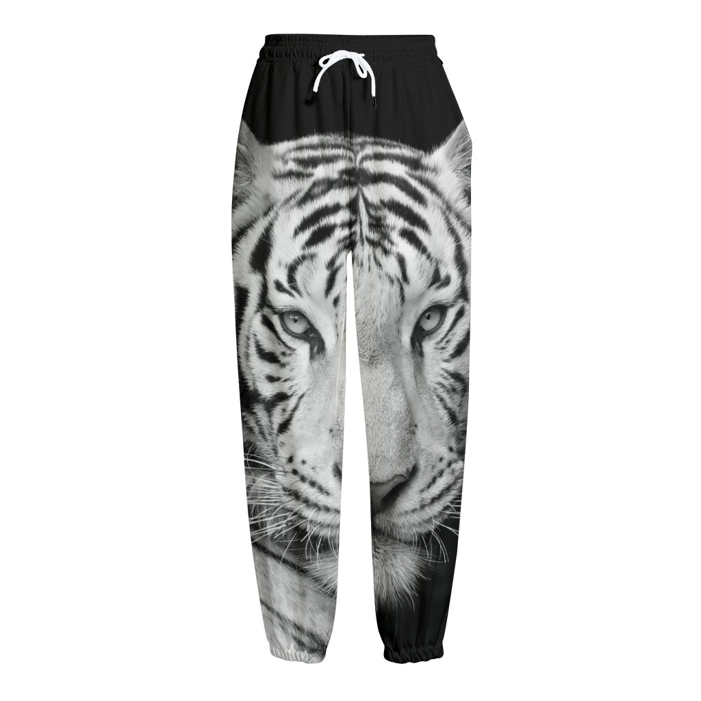 Monochrome White Bengal Tiger Print Fleece Lined Knit Pants