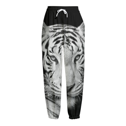 Monochrome White Bengal Tiger Print Fleece Lined Knit Pants