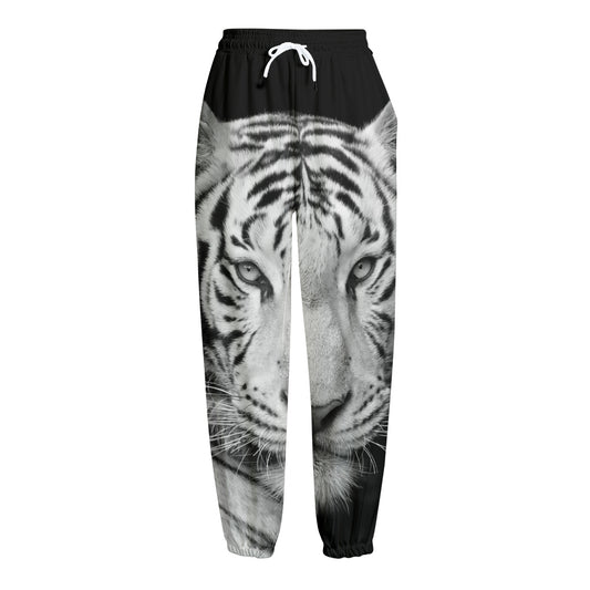 Monochrome White Bengal Tiger Print Fleece Lined Knit Pants