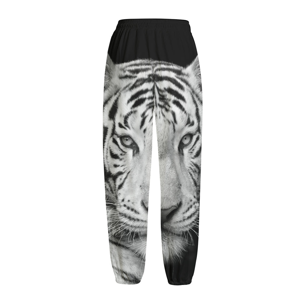 Monochrome White Bengal Tiger Print Fleece Lined Knit Pants
