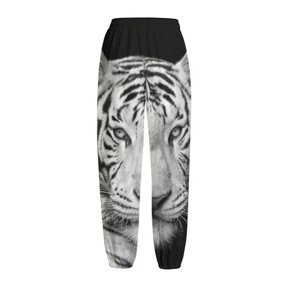 Monochrome White Bengal Tiger Print Fleece Lined Knit Pants