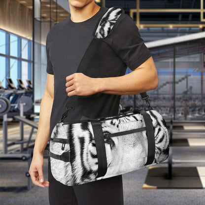 Monochrome White Bengal Tiger Print Gym Bag