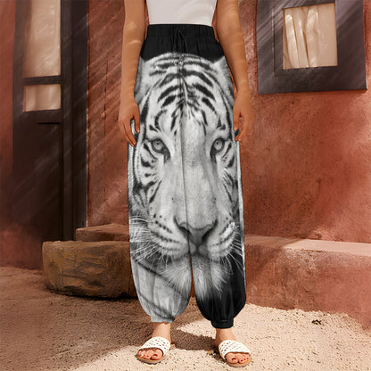 Monochrome White Bengal Tiger Print Harem Pants