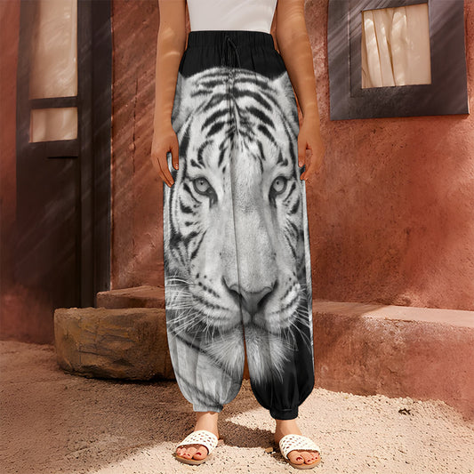 Monochrome White Bengal Tiger Print Harem Pants