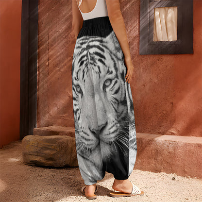 Monochrome White Bengal Tiger Print Harem Pants
