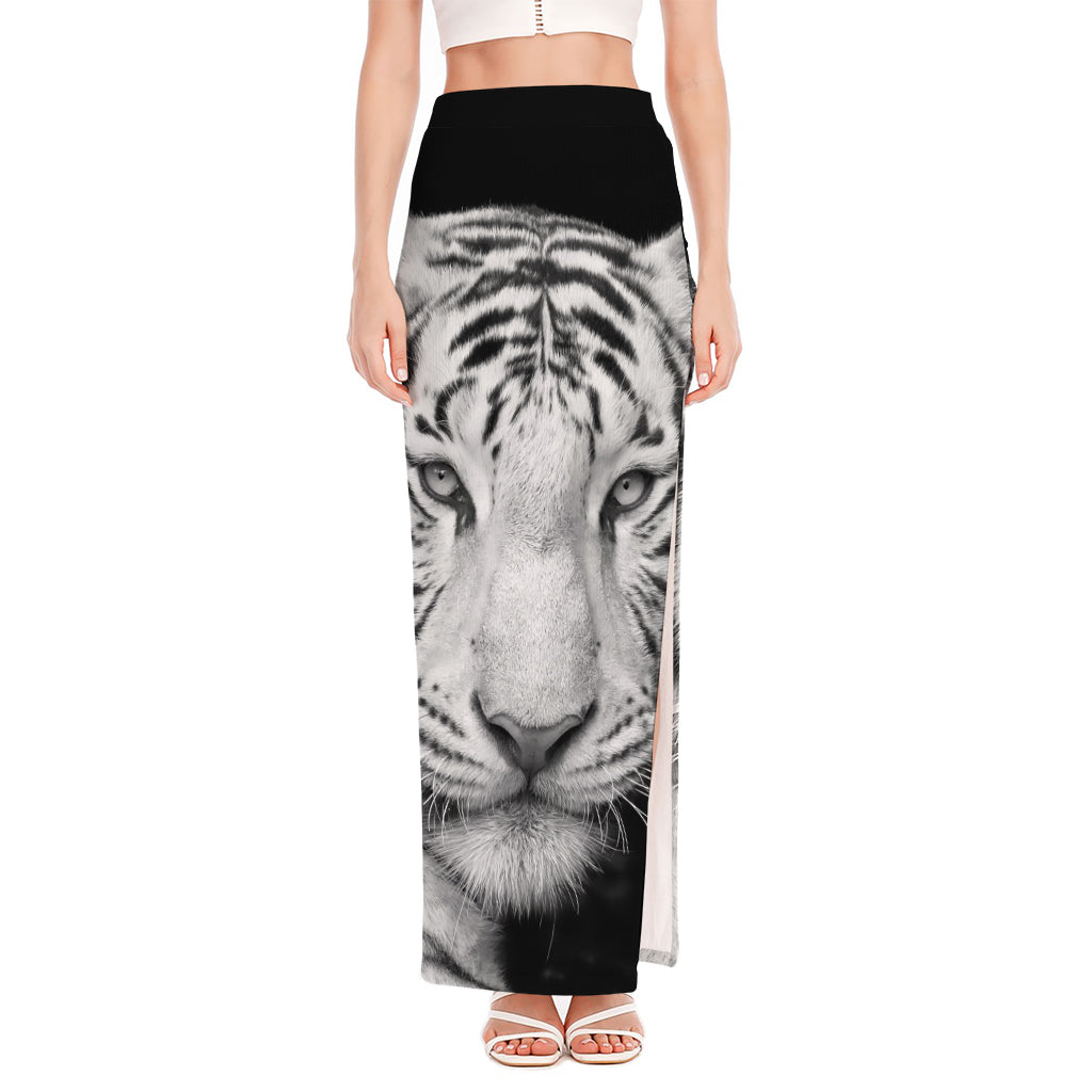 Monochrome White Bengal Tiger Print High Slit Maxi Skirt