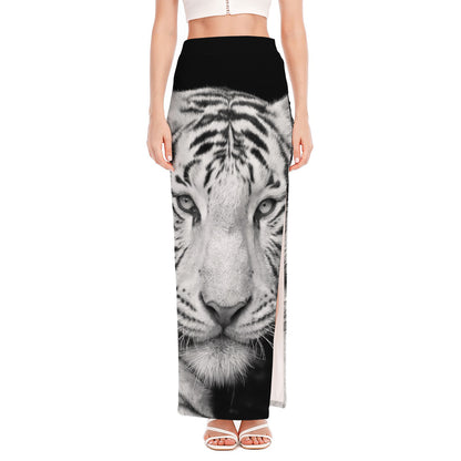 Monochrome White Bengal Tiger Print High Slit Maxi Skirt