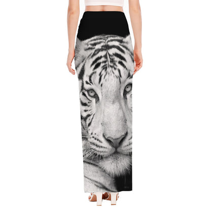 Monochrome White Bengal Tiger Print High Slit Maxi Skirt