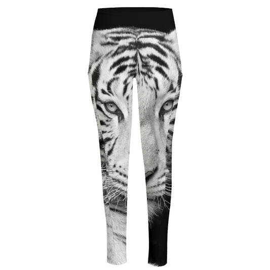 Monochrome White Bengal Tiger Print High-Waisted Pocket Leggings
