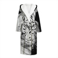 Monochrome White Bengal Tiger Print Hooded Bathrobe