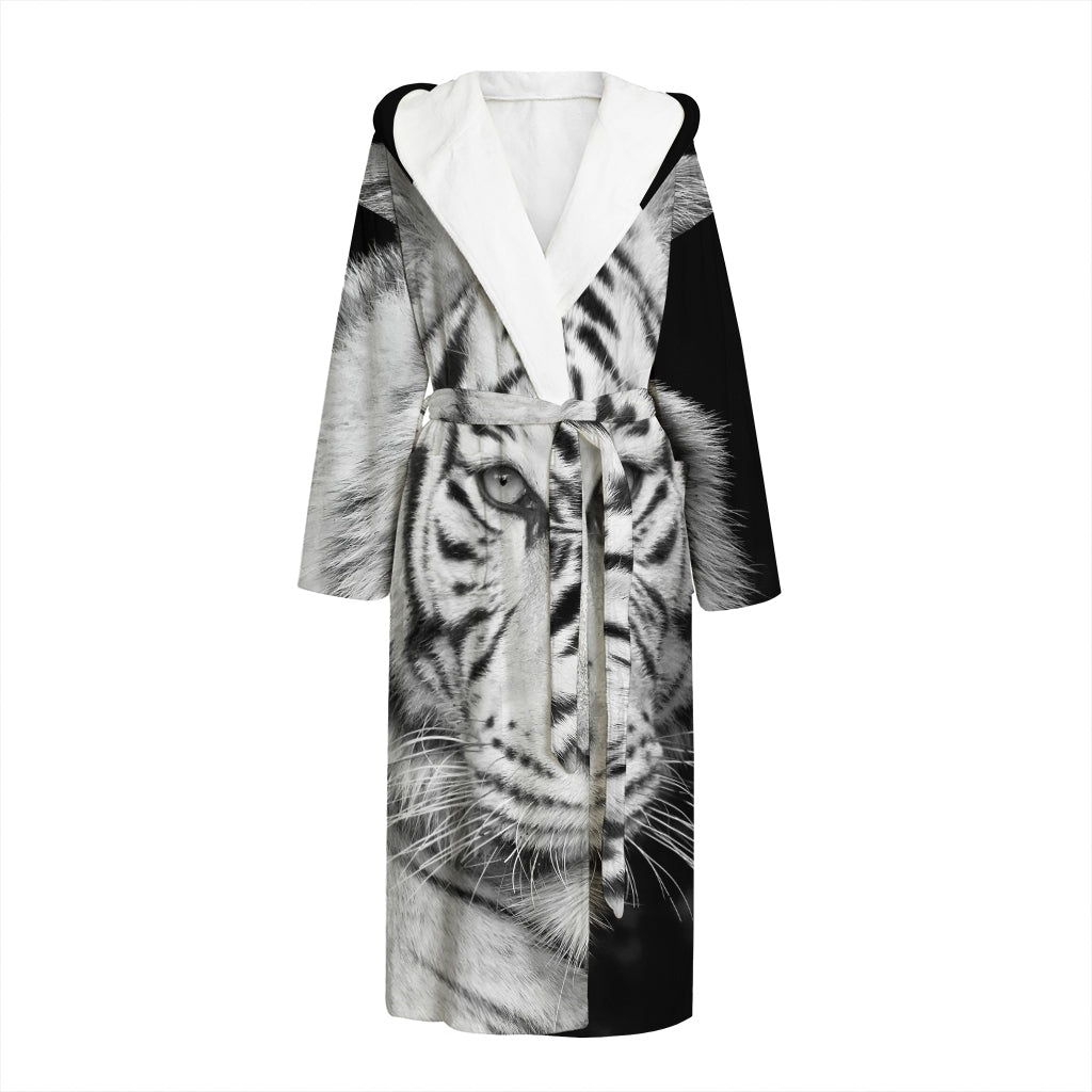 Monochrome White Bengal Tiger Print Hooded Bathrobe