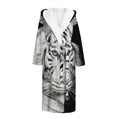 Monochrome White Bengal Tiger Print Hooded Bathrobe