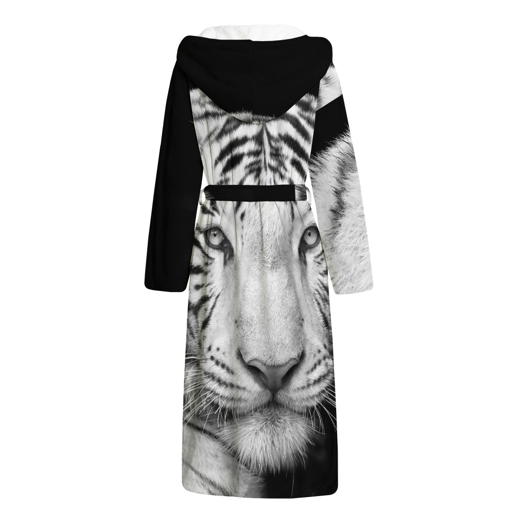 Monochrome White Bengal Tiger Print Hooded Bathrobe