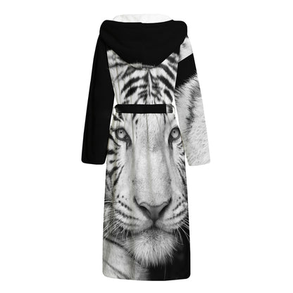 Monochrome White Bengal Tiger Print Hooded Bathrobe