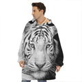 Monochrome White Bengal Tiger Print Hoodie Blanket