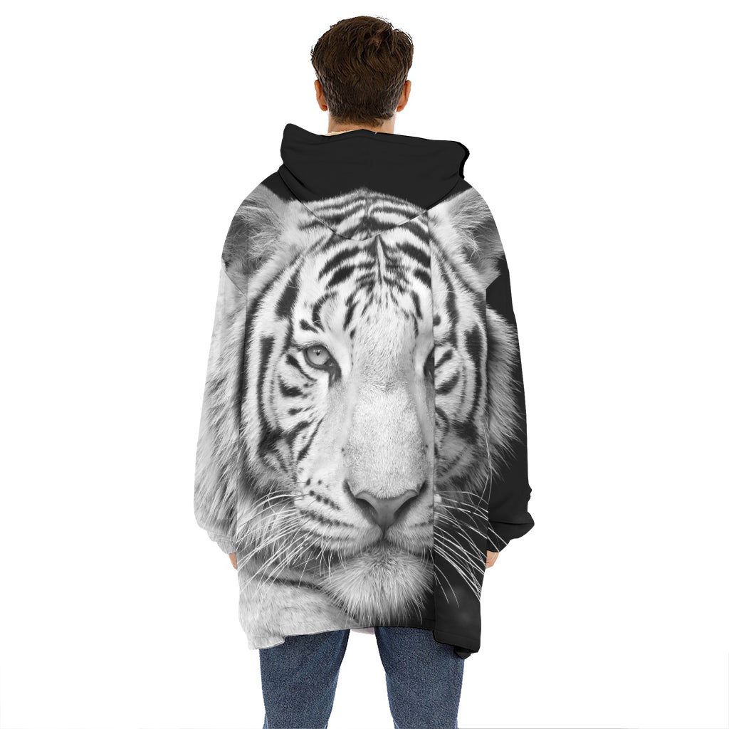 Monochrome White Bengal Tiger Print Hoodie Blanket