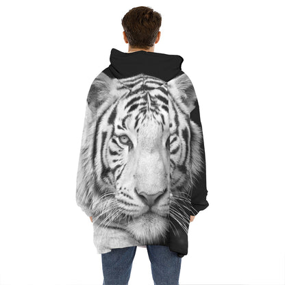 Monochrome White Bengal Tiger Print Hoodie Blanket