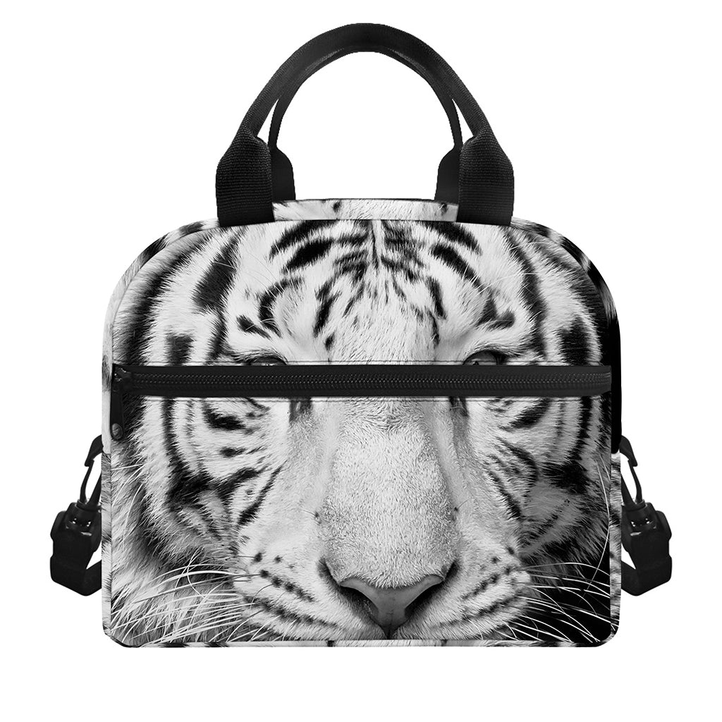 Monochrome White Bengal Tiger Print Insulated Lunch Bag