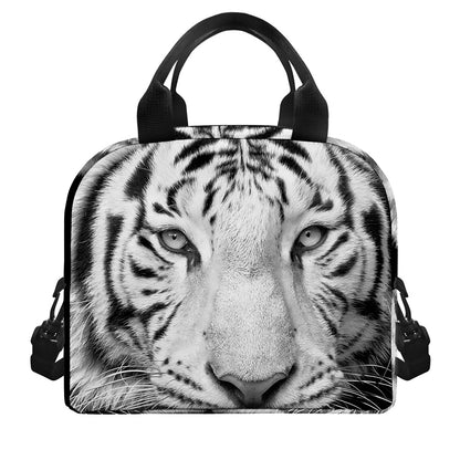 Monochrome White Bengal Tiger Print Insulated Lunch Bag