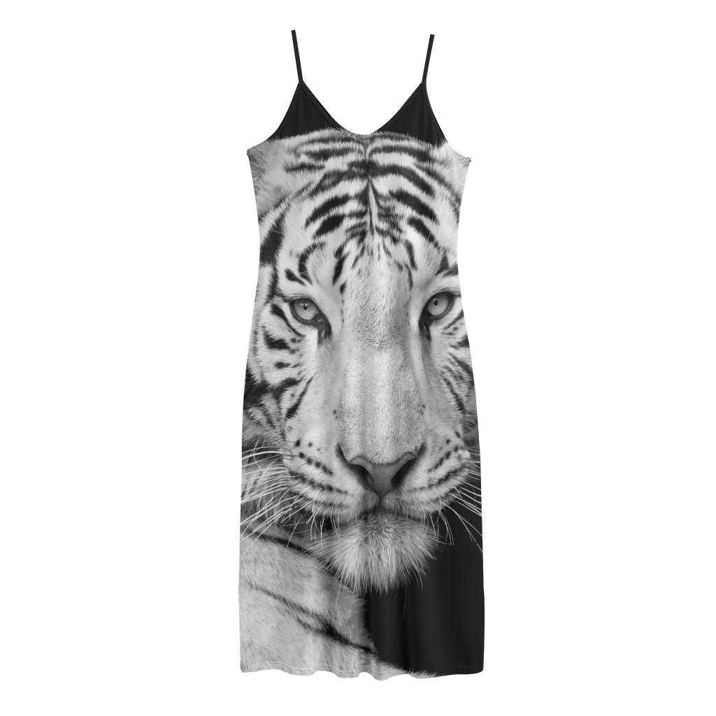 Monochrome White Bengal Tiger Print Jersey Midi Cami Dress