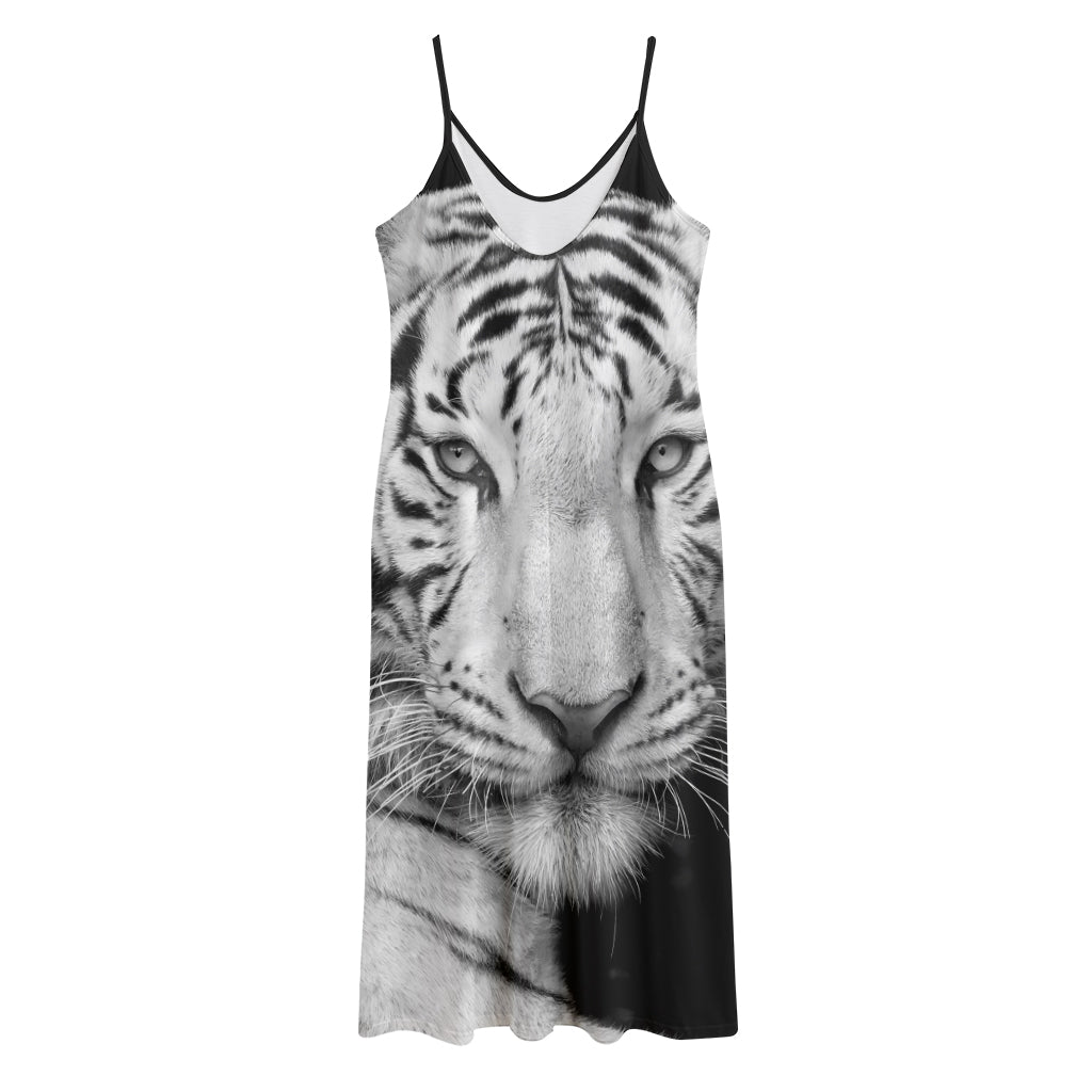 Monochrome White Bengal Tiger Print Jersey Midi Cami Dress