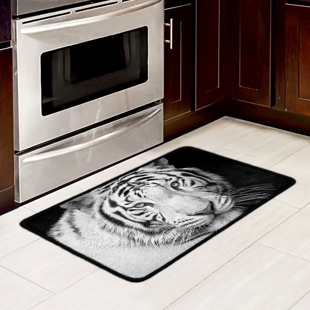 Monochrome White Bengal Tiger Print Kitchen Mat