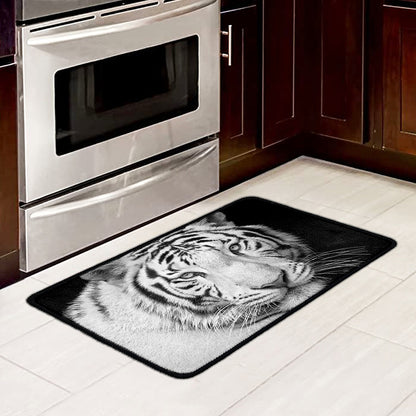 Monochrome White Bengal Tiger Print Kitchen Mat