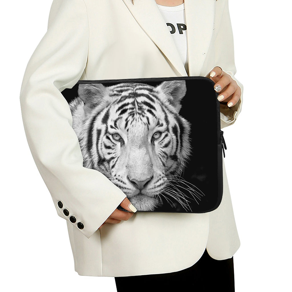 Monochrome White Bengal Tiger Print Laptop Sleeve