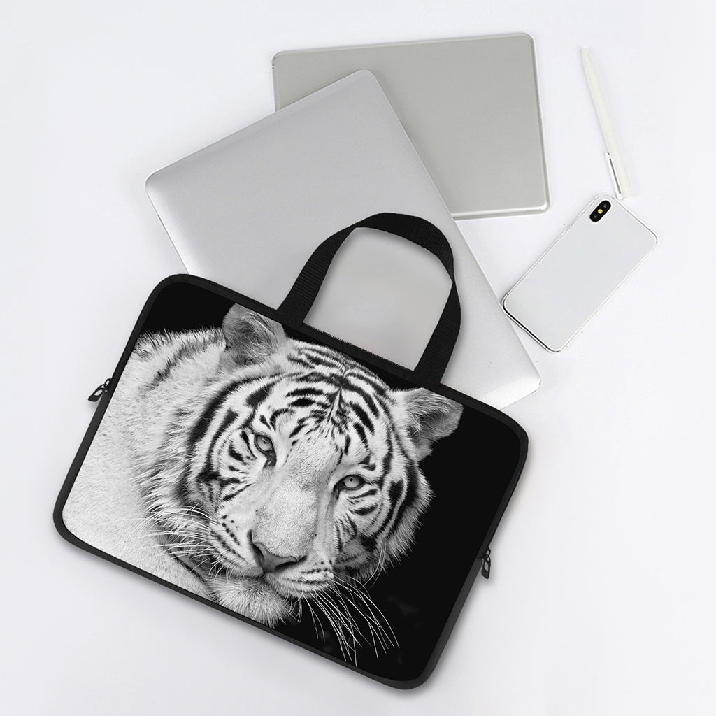 Monochrome White Bengal Tiger Print Laptop Sleeve With Handle