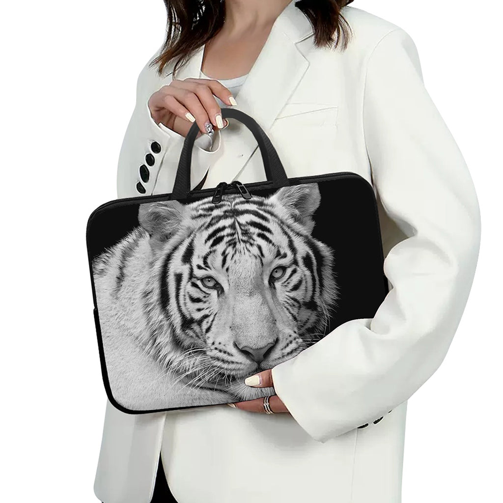 Monochrome White Bengal Tiger Print Laptop Sleeve With Handle