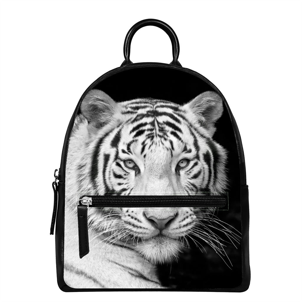 Monochrome White Bengal Tiger Print Leather Backpack