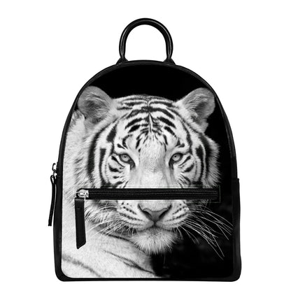 Monochrome White Bengal Tiger Print Leather Backpack