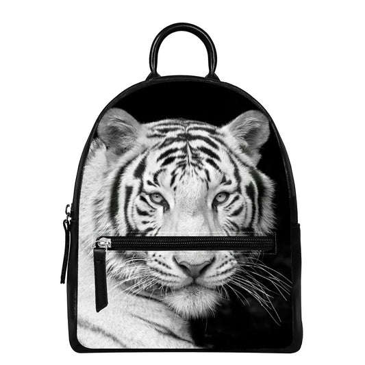 Monochrome White Bengal Tiger Print Leather Backpack