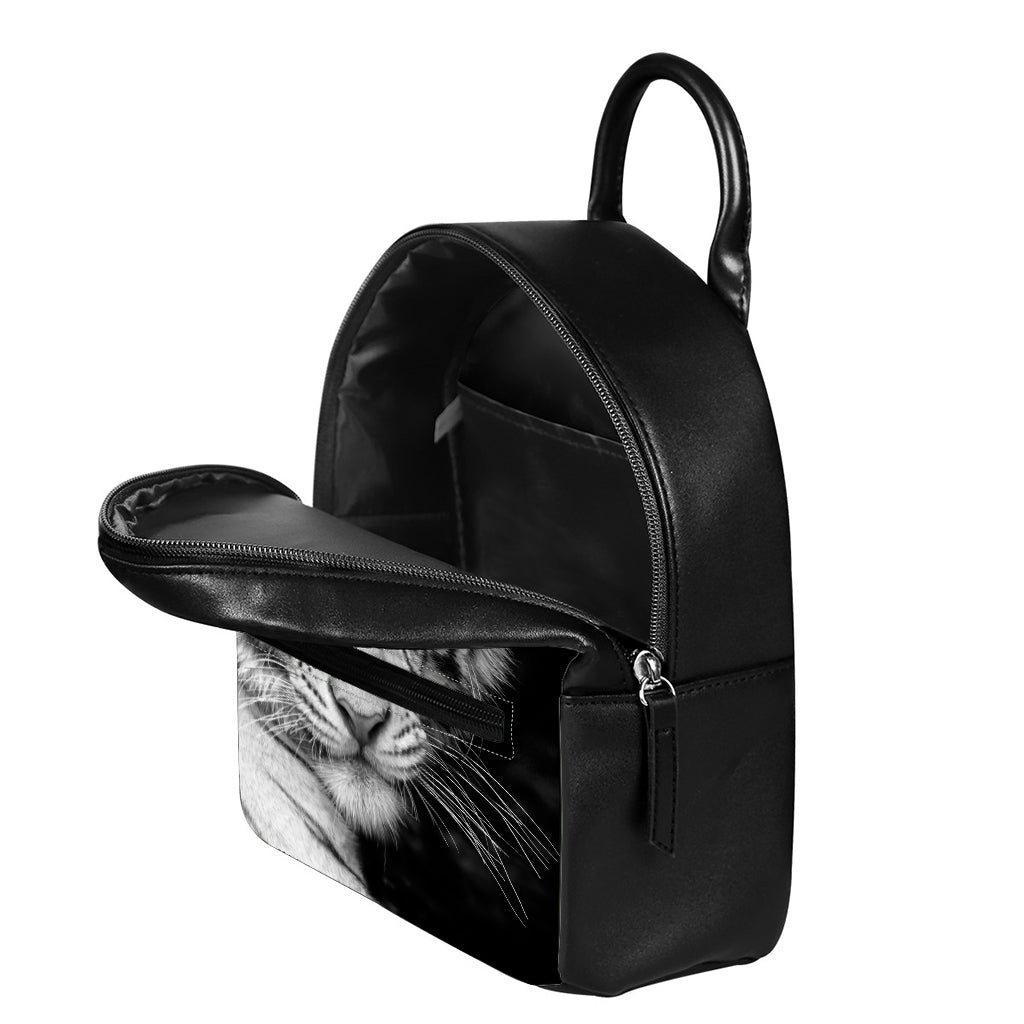 Monochrome White Bengal Tiger Print Leather Backpack