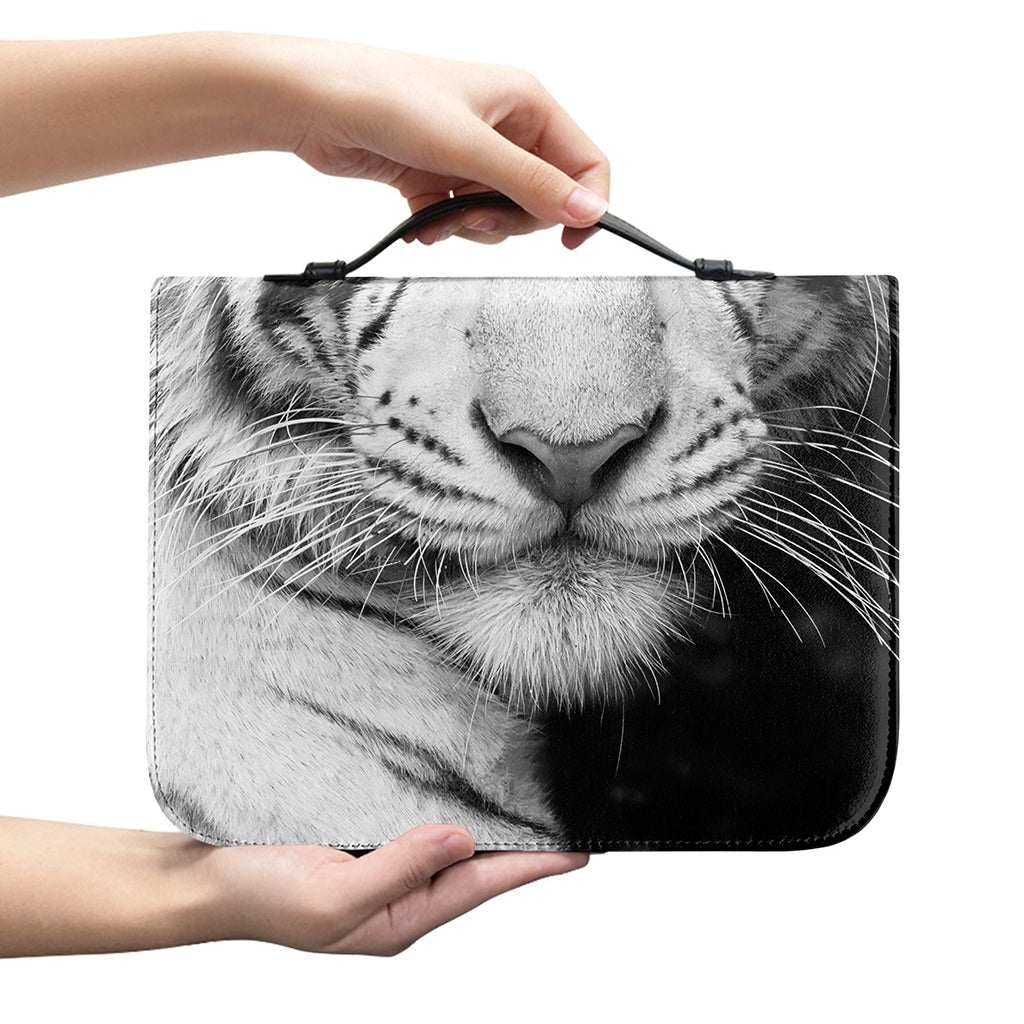 Monochrome White Bengal Tiger Print Leather Bible Cover