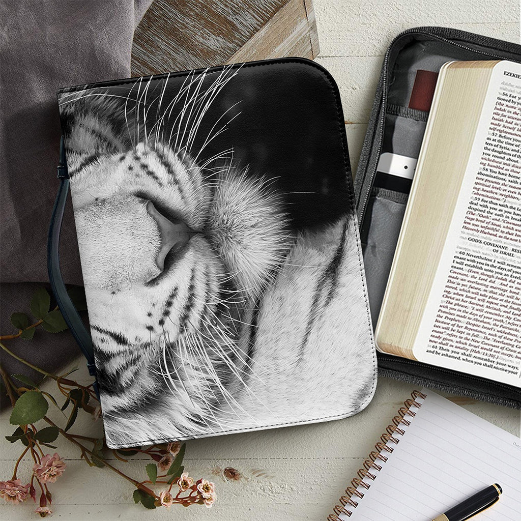 Monochrome White Bengal Tiger Print Leather Bible Cover