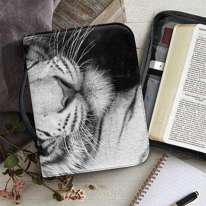 Monochrome White Bengal Tiger Print Leather Bible Cover