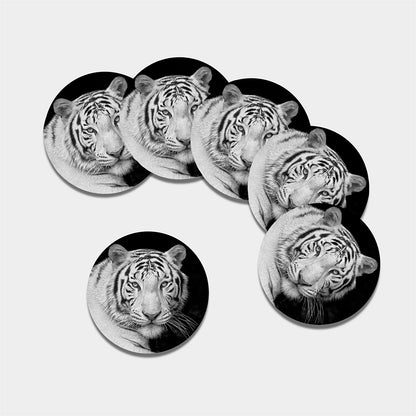 Monochrome White Bengal Tiger Print Leather Coaster Set