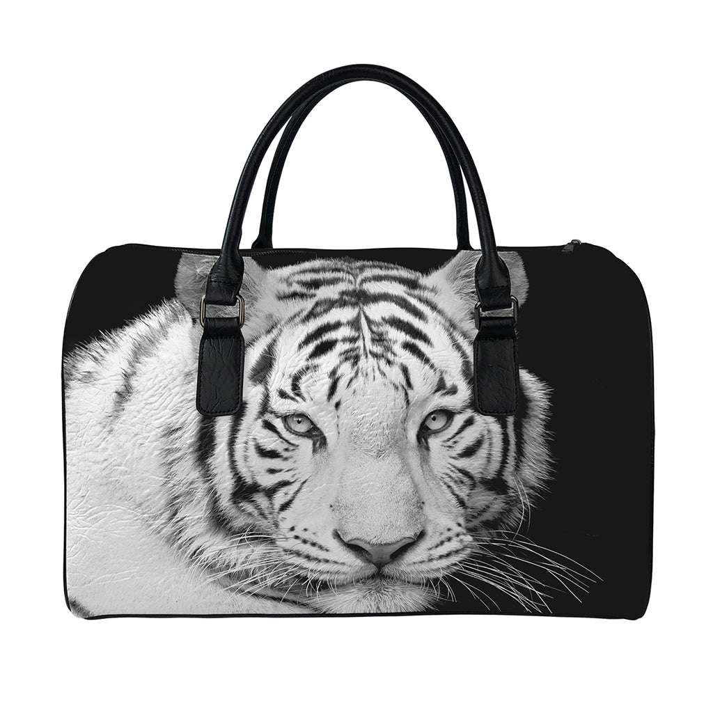 Monochrome White Bengal Tiger Print Leather Duffle Bag
