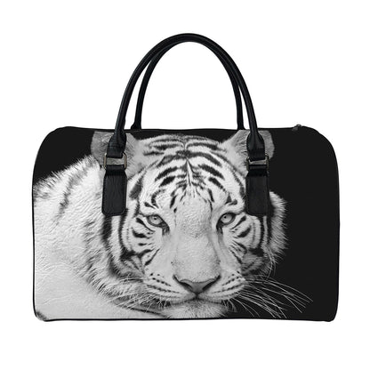 Monochrome White Bengal Tiger Print Leather Duffle Bag