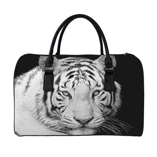 Monochrome White Bengal Tiger Print Leather Duffle Bag