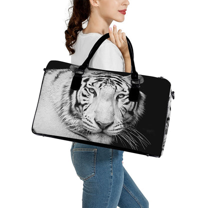 Monochrome White Bengal Tiger Print Leather Duffle Bag