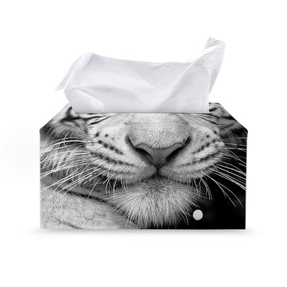 Monochrome White Bengal Tiger Print Leather Tissue Box Cover