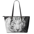Monochrome White Bengal Tiger Print Leather Tote Bag With Zipper