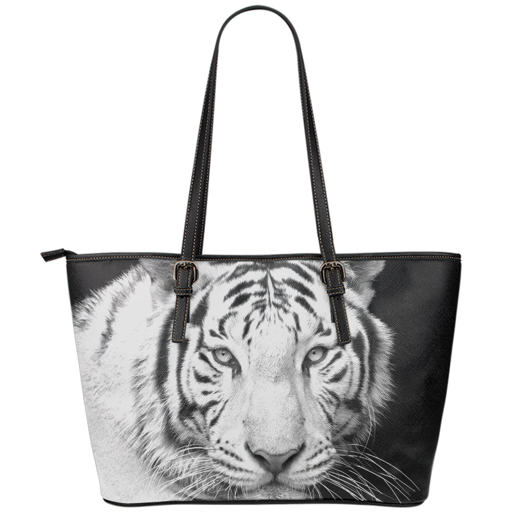 Monochrome White Bengal Tiger Print Leather Tote Bag