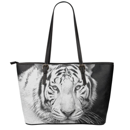 Monochrome White Bengal Tiger Print Leather Tote Bag